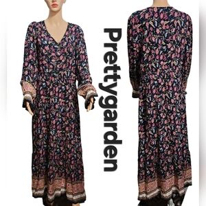 PrettyGarden Women's Long Sleeve Boho Casual Flowy Floral Maxi Dress Sz XL